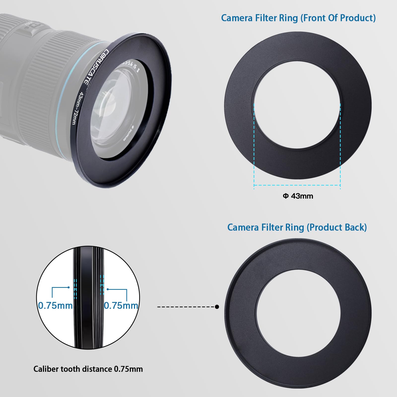 10 Stück 43mm Filterring Adapter-Set,Filter-Metall-Trittringe für alle Marken,UV ND CPL 43-46,43-49,43-52mm,43-55mm,43-58mm,43-62mm,43-67mm,43-72mm,43-77mm,43-82mm+Objektivreinigungstuch