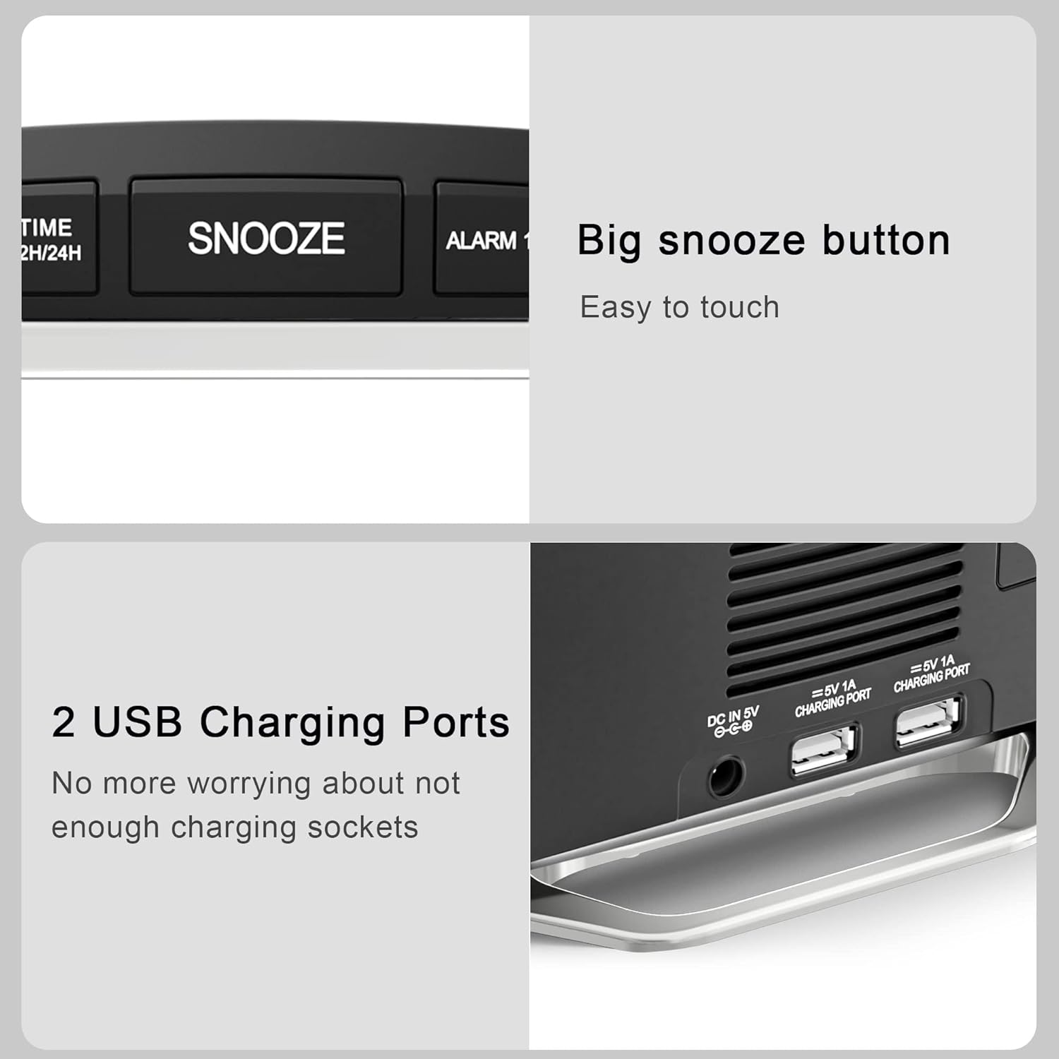 Digital Alarm Clock Large Display, 8.7" LED Mirror Electronic Clocks with 2 USB Charger Ports, Loud Alarm Clock for Heavy Sleepers,Snooze Dual Alarm Dimmer, Modern Desk Clock for Bedrooms Teens Adults Silver