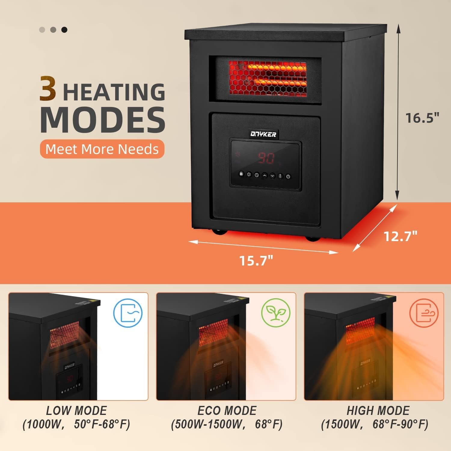 review DNYKER Infrared Space Heater, 1500W Remote Control Black Electric Space Heater With Wheels, 3 Heating Modes, Timer and Overheat Protection, Quiet Fan Indoor Portable Space Heater For Living Room