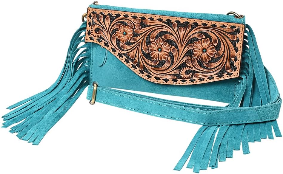 American Darling Hand Tooled Floral Carved Vegetable-Tanned Genuine Leather Small Cross body Bag with Fringes & YKK Zipper