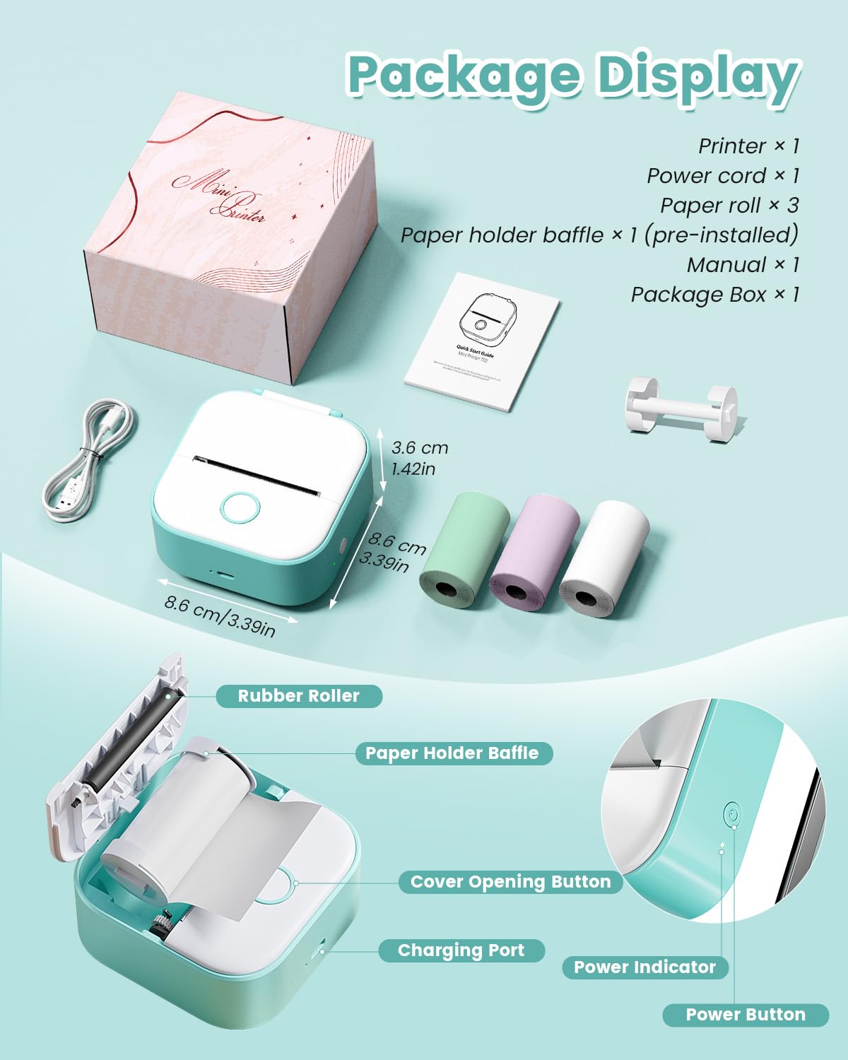 Memoking Mini Printer - T02 Sticker Printer Print Pods Portable Thermal Inkless Sticker Maker Bluetooth Pocket Impresora Portátil Instant Print for School Office Home for Study Note,Journal,DIY,Gift