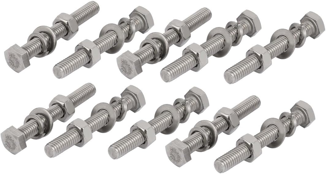 Sourcingmap 10pcs 304 Stainless Steel M6x50mm Hex Bolts w Nuts and Washers Assortment Kit, Silver Tone