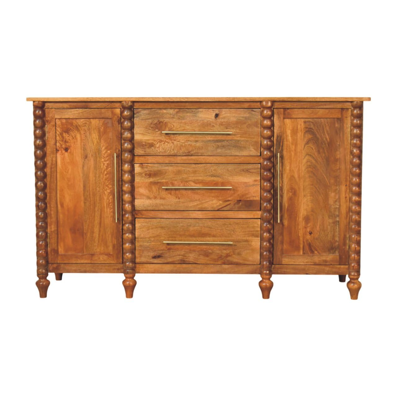 Vishnu Craft Solid Wood Sideboard with 3 Drawers and 2 Doors, Honey Finish | Bobbin Detail Columns, Brass Bar Handles, Turned Wooden Legs, Living Room Storage, Natural Wood Grain-picture-40
