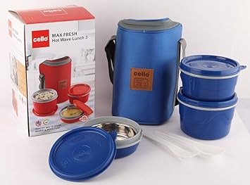 Cello Maxfresh Hot Wave Stainless Steel 3 Container Lunch Box with Soft Fabricated Bag (Blue) -3 Pieces