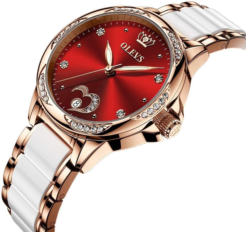 OLEVS Watch for Women Automatic Self Winding Mechanical Ladies Wrist Watch Big face Two Tone Stainless Steel Ceramic Bracelet Heart Diamond Fashion Luxury Ceramic Band Luminous Waterproof