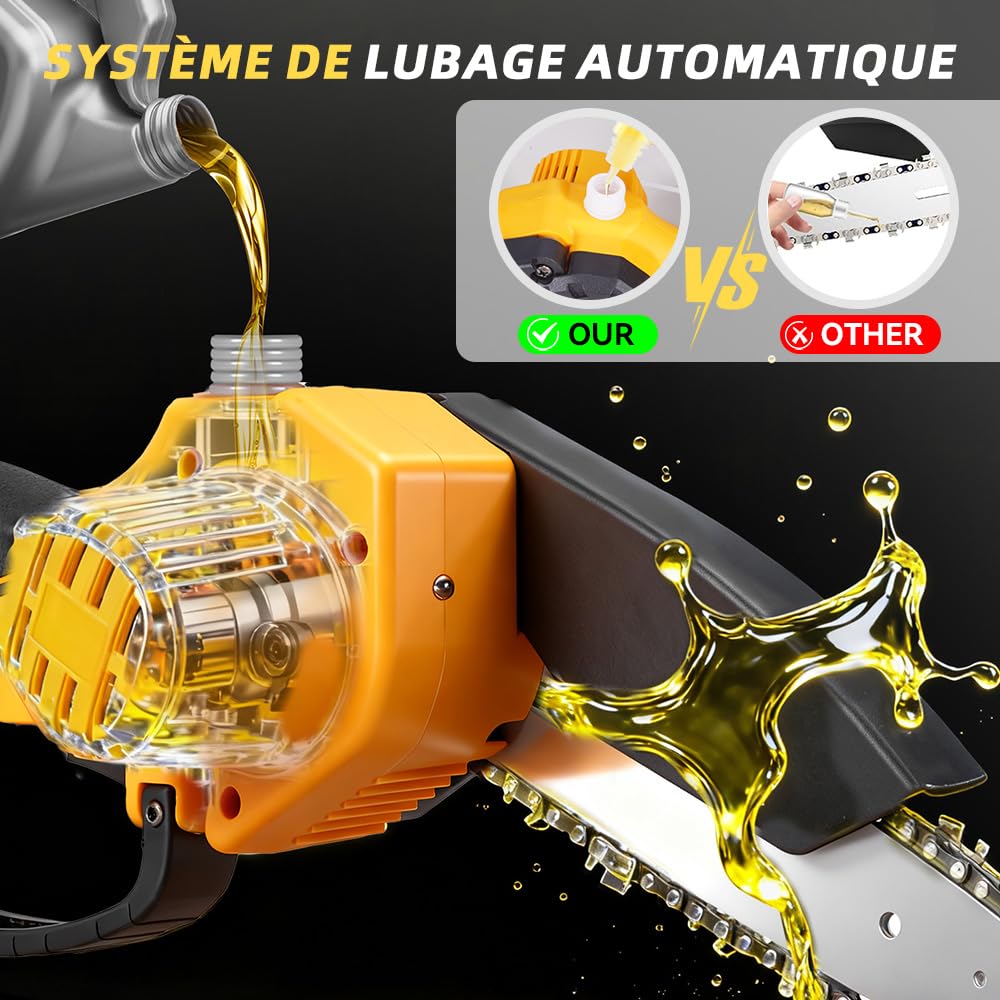 Mini motosega a batteria da 6 pollici con motore in rame puro da 1500 W e 2 batterie incluse – Sega da potatura a batteria, 6 m/s, 4000 giri/min, per giardino, legno e taglio di rami