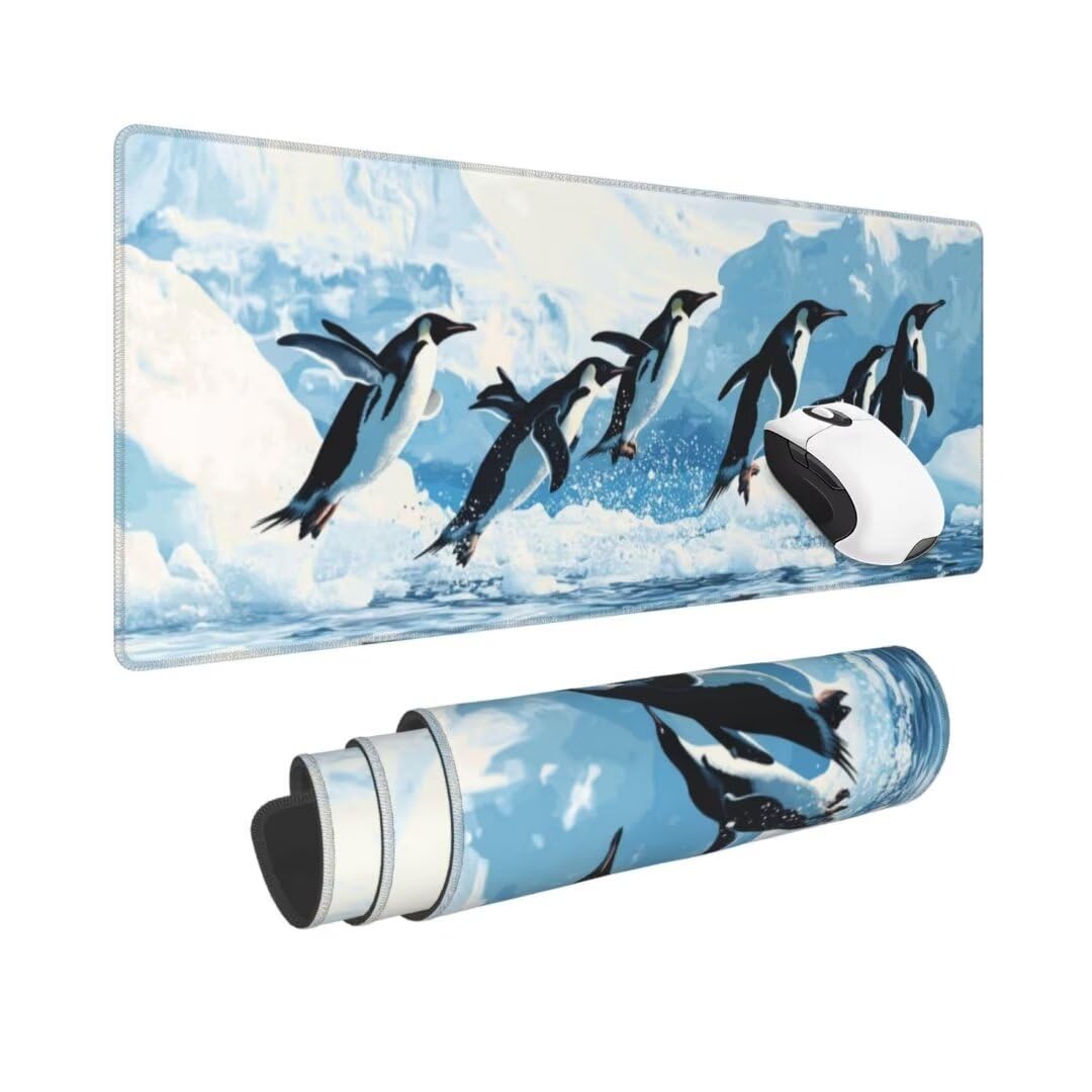 Gaming Mauspad XXL Pinguin Großes Mousepad 1200*600mm Rutschfeste Schreibtischunterlage Landschaft Mouse Pad mit Vernähte Kanten Verbessert Desk Mat Geschwindigkeit und Präzision für Gaming und Büro