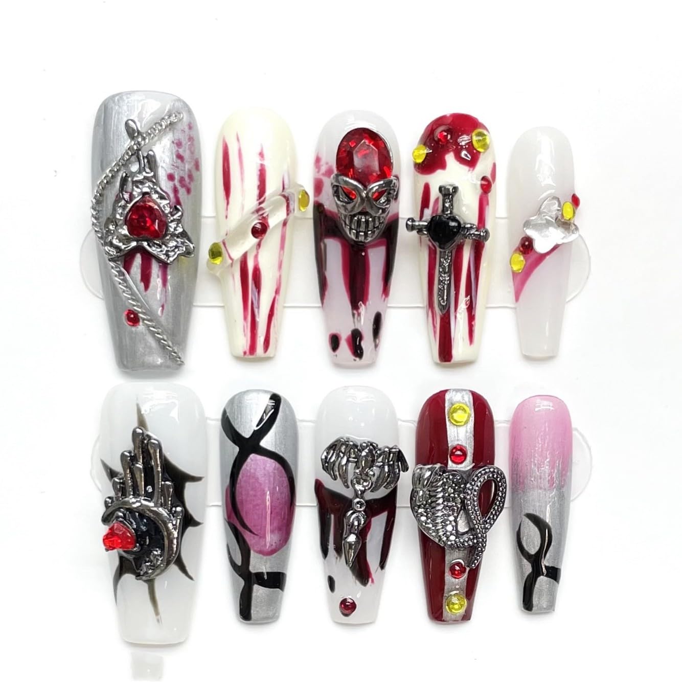 Handmade Press on Nails Long Coffin Fake Nails Luxury 3D Design Nail Charms Press on Nails Manicure Handmade Nail Art for Women 10PCS(M, Short Nails 04)