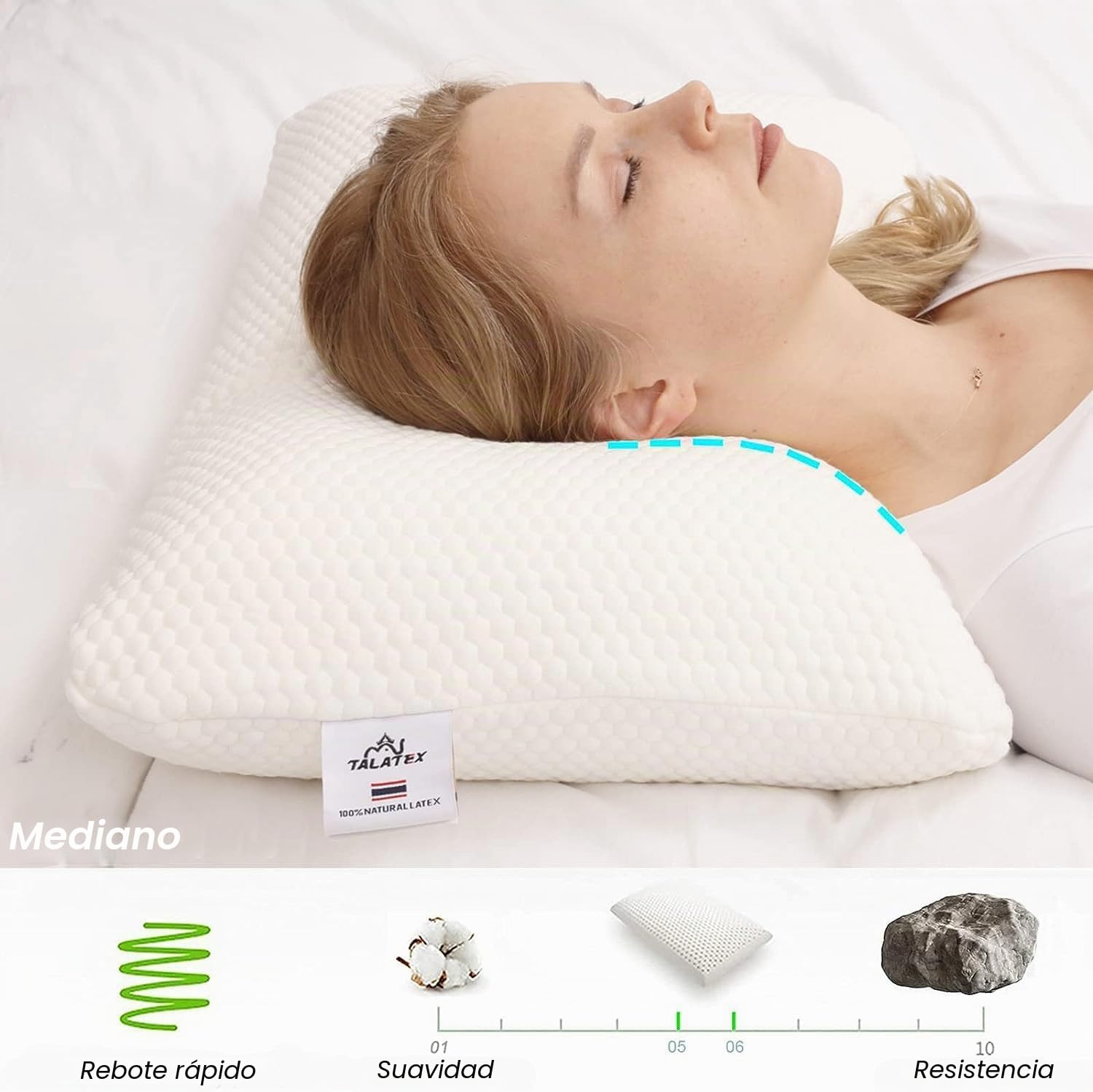 Talatex Almohada de látex Dunlop 100% natural, de, resistente, alivia presión y dolor de cuello y hombros
