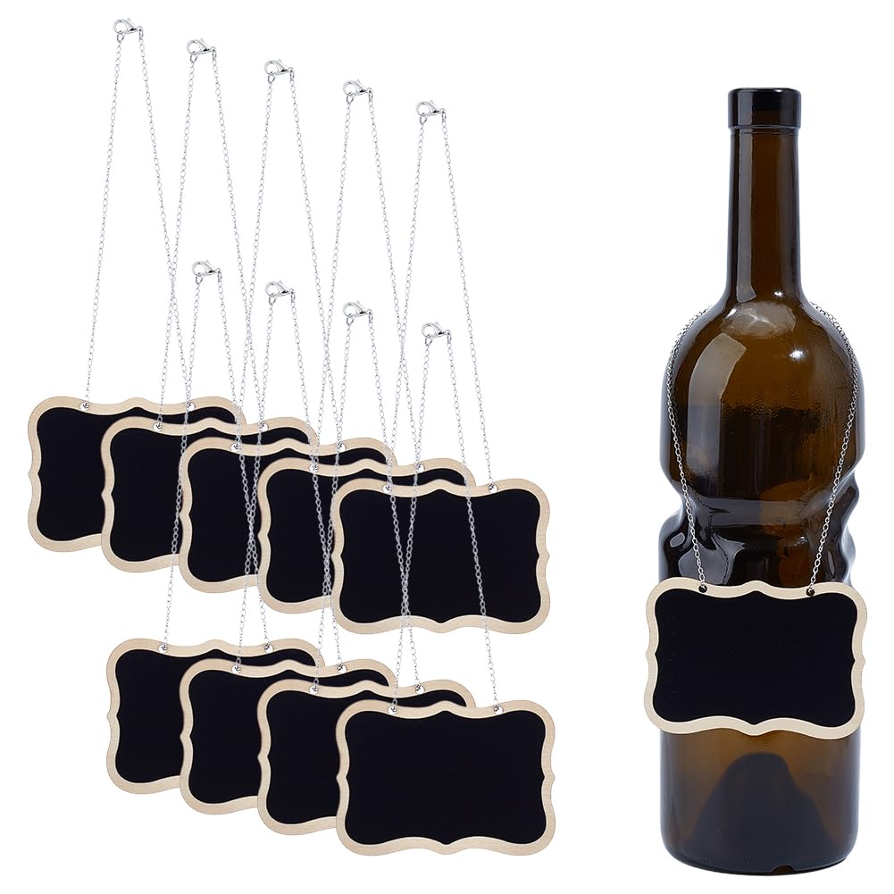 DELORIGIN 10pcs Chalkboard Tags with 304 Stainless Steel Chain Wooden Blackboard Slate Decanter Tag Chalkboard Signs Custom Liquor Decanter Labels Message Boards for Wedding Whiskey Wine Bottle