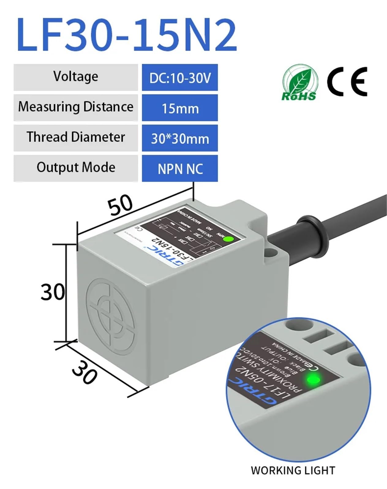 TL-N10MC1 indukcyjny czujnik zbliżeniowy NPN PNP 10-30 VDC 3-żyłowy IP67 Smart Square metalowy przełącznik powierzchnia wykrywania 30 x 30 mm 1 sztuka (15 mm DC 3wire NPN NC)