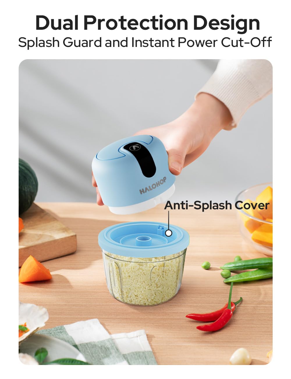 Halohop 350ML Electric Vegetable Chopper for Kitchen | Rechargeable Stainless Steel Blades Cutter | One-Touch Operation for Mincing Vegetable, Garlic, Ginger, Onion, Nut | 1 Year Warranty (Blue) 3