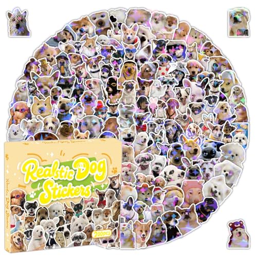 200 Pcs Funny Meme Stickers - Holographic Sparkly Cute Dog Stickers for Water Bottles, Laptops Vinyl Waterproof, Puppy Pet Sticker - Dogs Theme Party Supplies, Gifts for Kids Teens Adults (Dog)