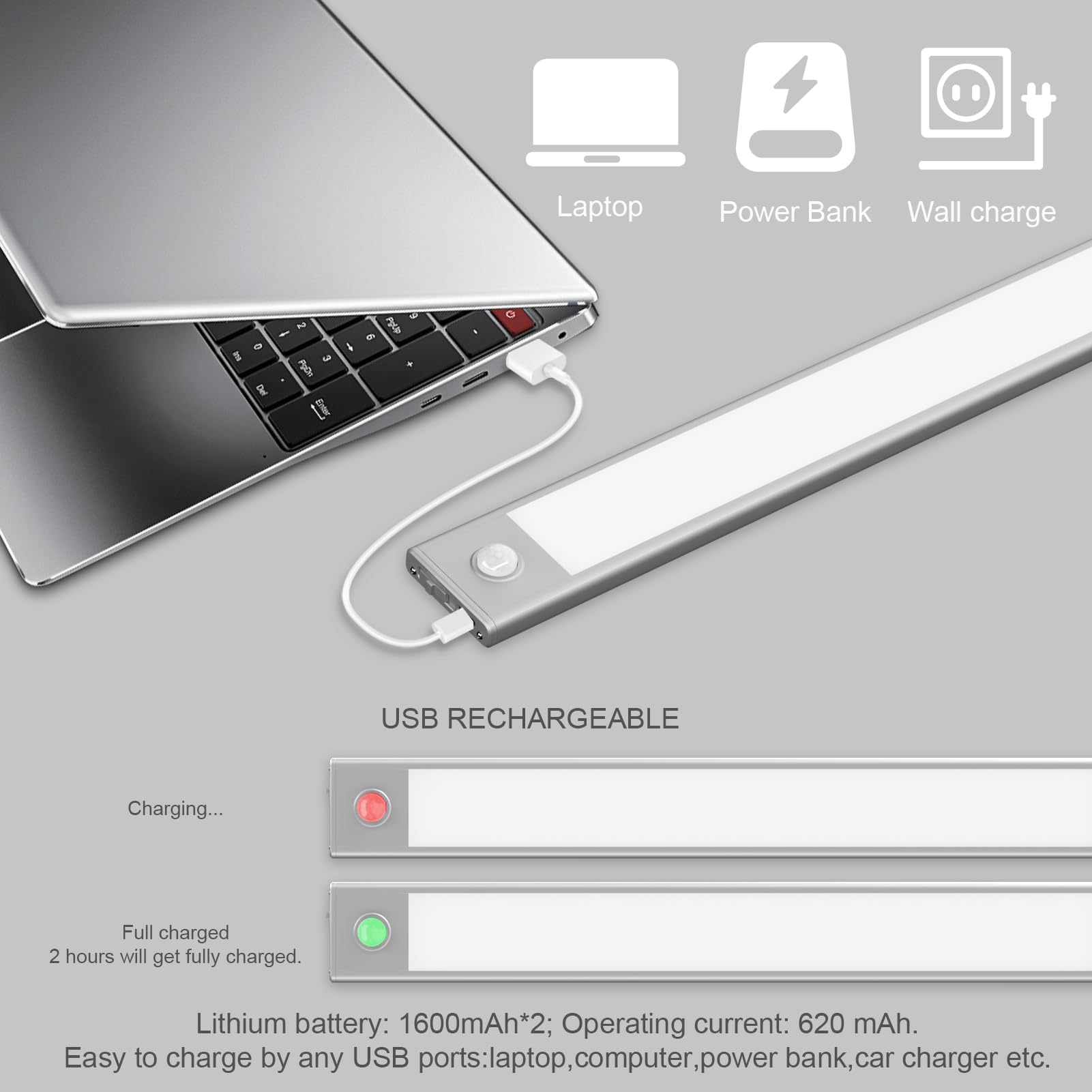 Klighten 2 Stück 60cm Schrankbeleuchtung mit Bewegungsmelder, Unterbauleuchte Küche LED 230LM, 3200 mAh Batterie, Auto/ON/OFF, USB Aufladbar, Magnet Schranklicht, 3000K Warmweiß, Silber