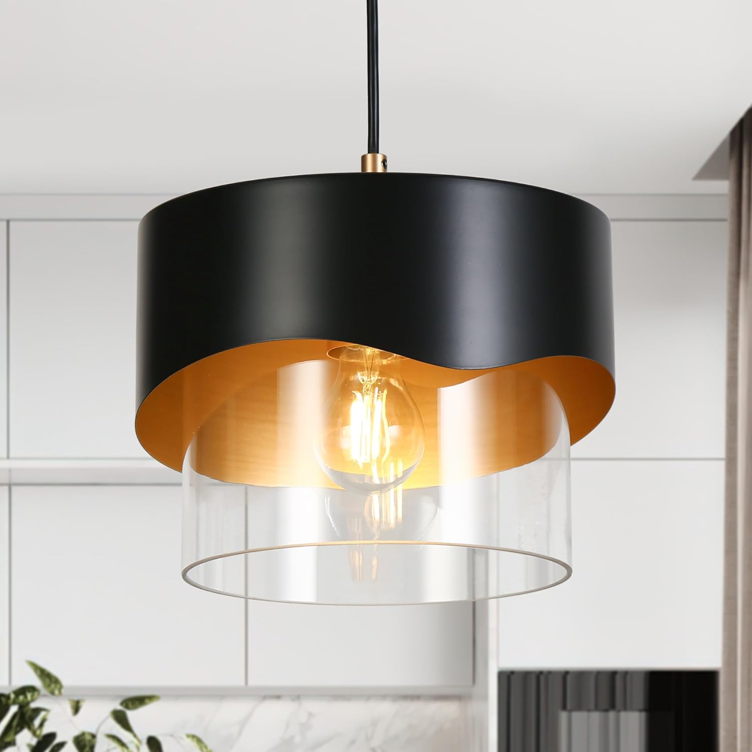 KSANA 10" 1-Light Black and Gold Pendant Light, Dual-Layer Drum Design with Clear Glass Shade, Modern Hanging Kitchen Island Mini Chandelier