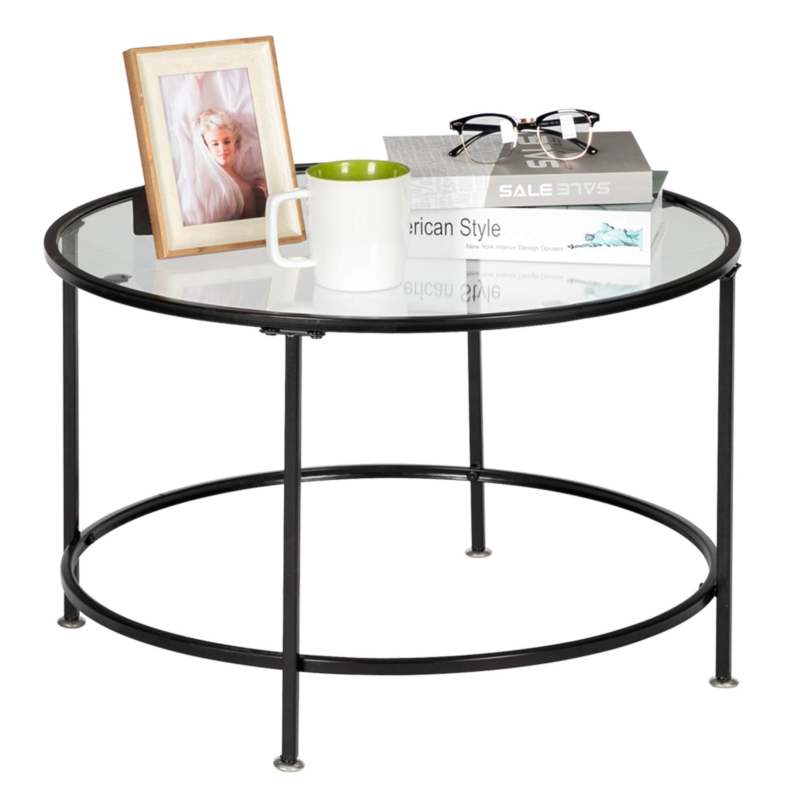 2-Layer Black Round Coffee Table 26 Glass Top Coffee Table Sturdy Metal Construction Versatile Stylish Family-Friendly Design Ideal
