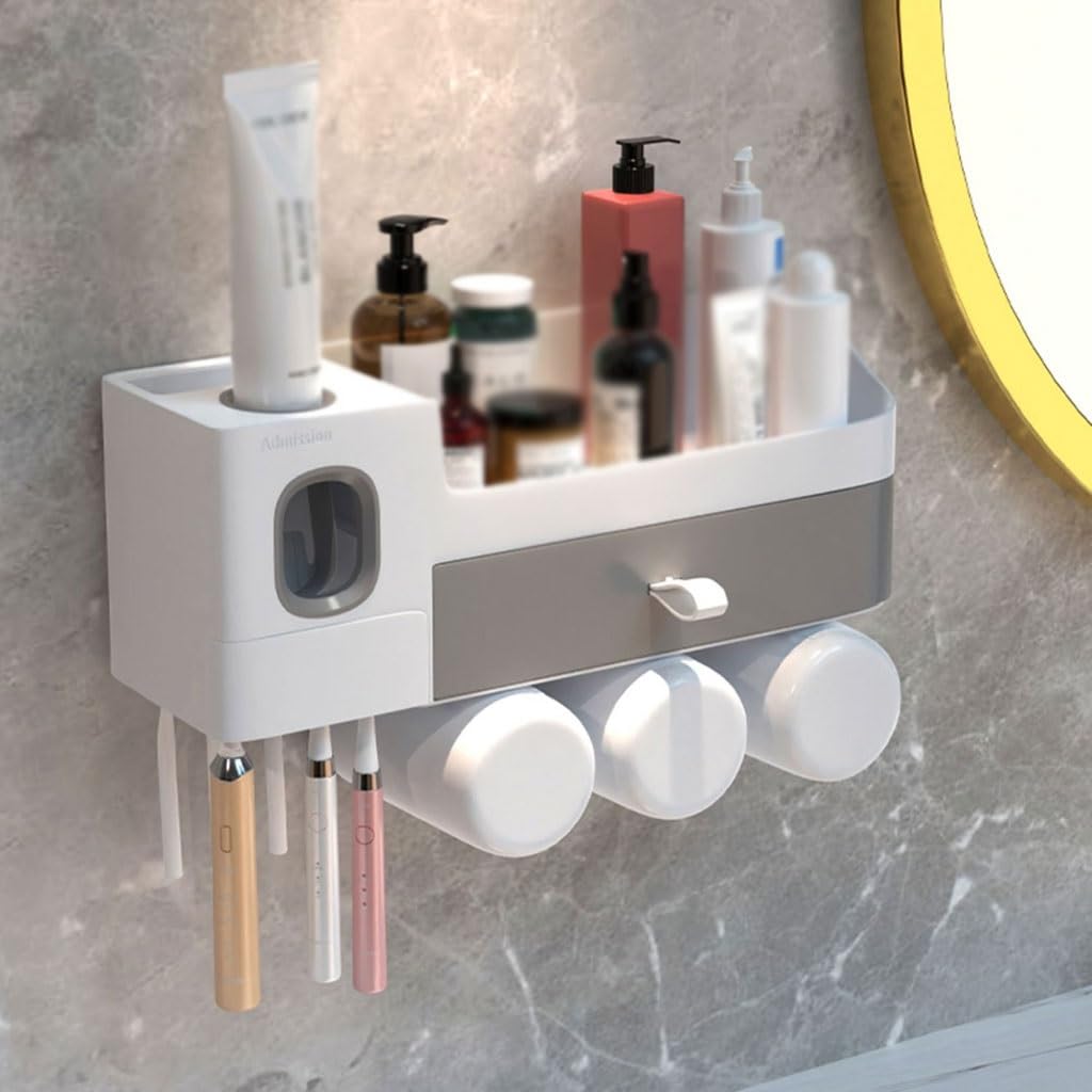Estante para Cepillos de Dientes Portaspazzolino con cassetto, Dispenser for dentifricio, portadentifricio Multifunzionale Senza Fori(L29.3cm)
