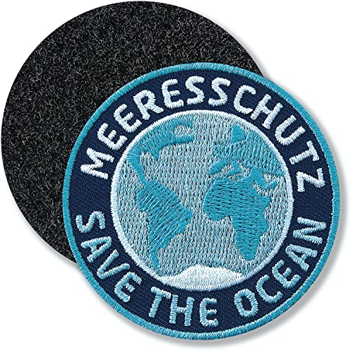 Meeresschutz, Save the Planet/Klett-Patch gestickt 60 mm rund/Klett Patch Patches Aufnäher Applikation zum aufnähen aufkleben auf Kleidung Rucksack Taschen