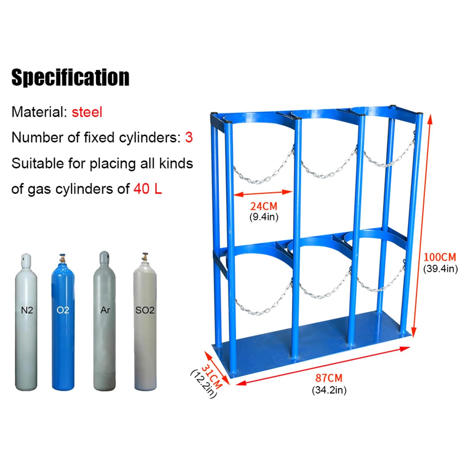 Supporto per bombole di Gas in Acciaio Resistente, Porta bombole di Ossigeno da 40 Litri, Dispositivo antiribaltamento per la Sicurezza in Fabbrica, Garage e Laboratorio, Supporta 3 bombole,