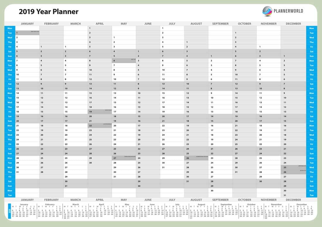 2019 Anual Wall Planner, Laminated (Blue A2 Rolled)
