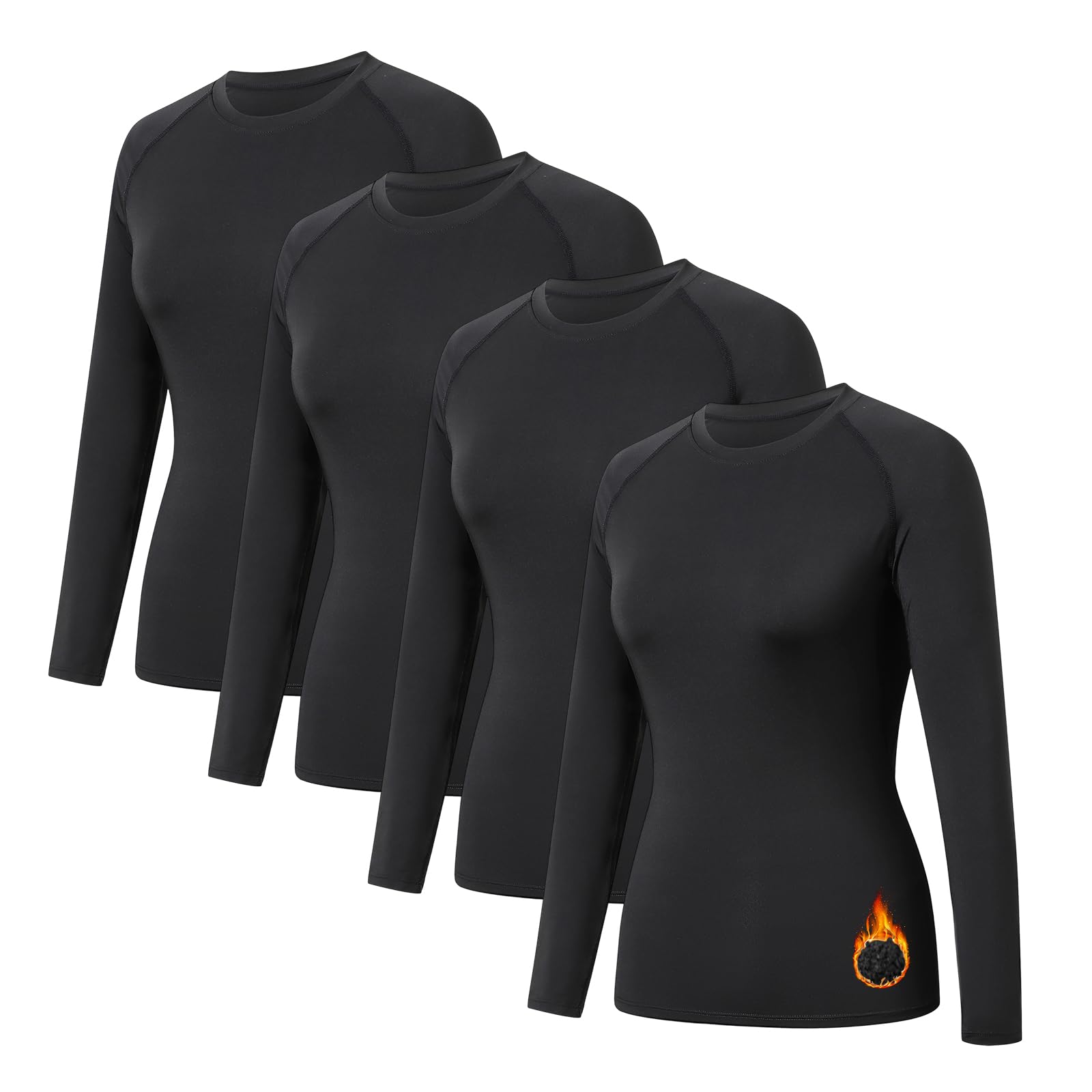 HYCOPROT Pack de 4 Hauts Thermiques Compression Femme en Coton Manche Longue T-Shirt Base Layer Top Sport Tshirt Chaud Col Roulé sous Vêtements Thermiques Décontracté pour Gym Fitness Yoga Running