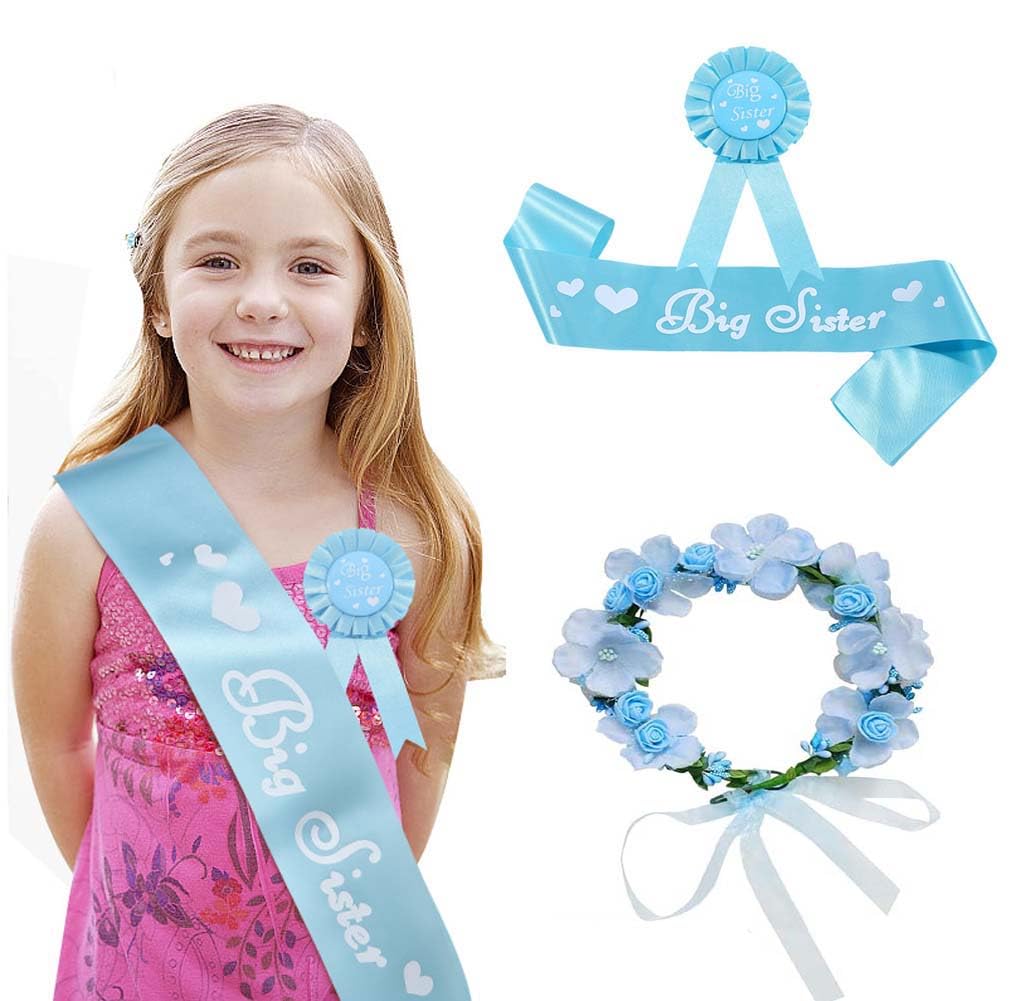 3 Pieces Big Sister Accessory Set, Include Big Sister Satin Sash, Badge Pin and Flower Crown for Baby Shower Party (Blue Green)