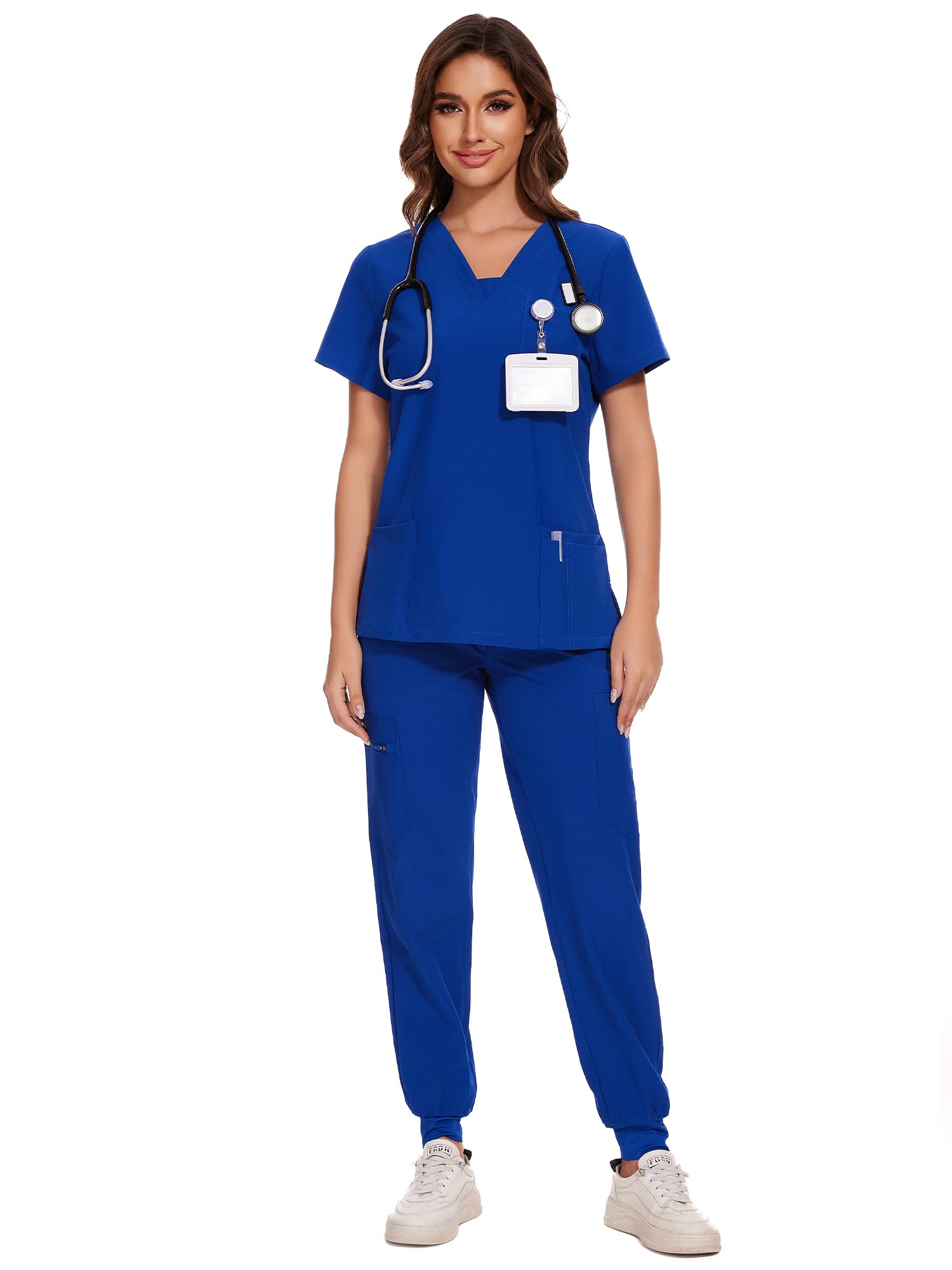 COZYFIT Scrubs for Women - V-Neck Top & Cargo Pants Scrubs Set with 10 Pockets