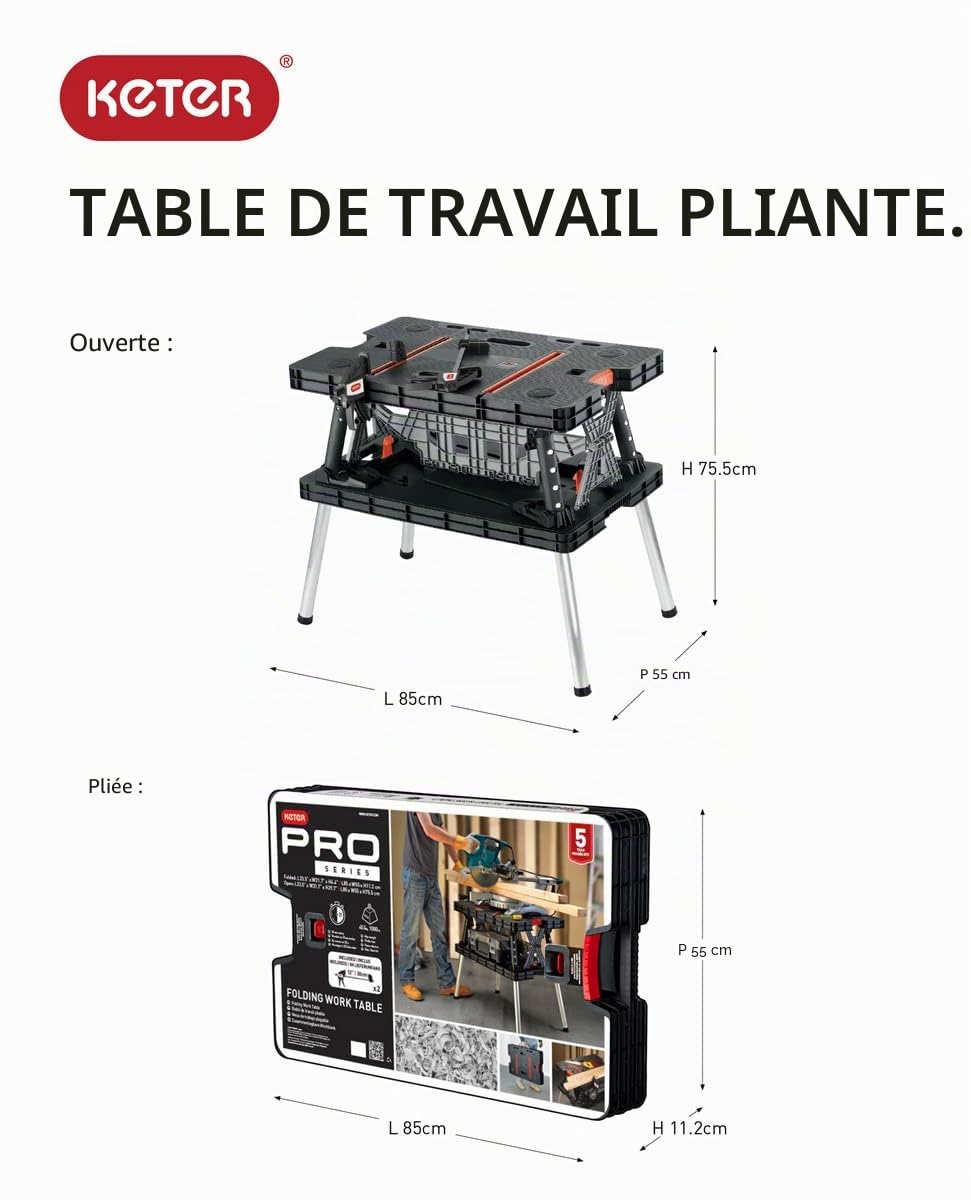 KETER | Etabli Pliant, Noir, 85 x 55 x 11,2 cm, Plastique