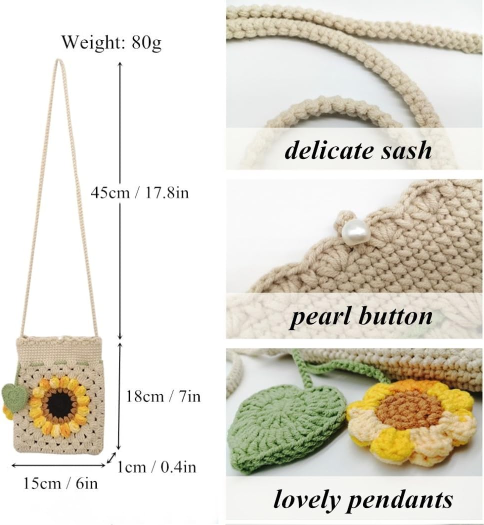 Handmade Crochet Sunflower Blossom Phone Bag Knitted Bag for Women, A-beige