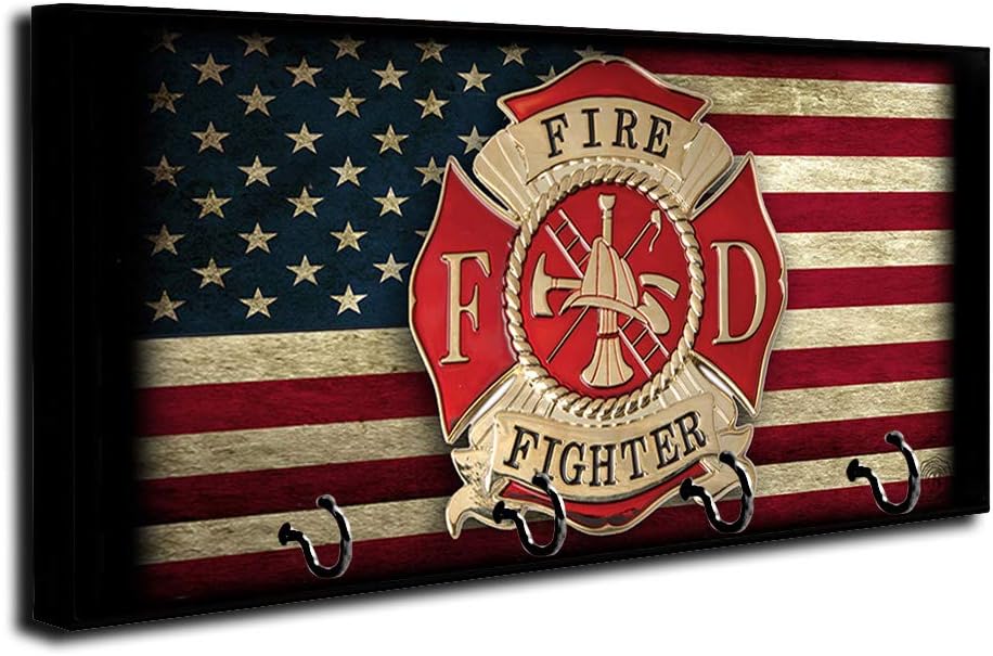 Brotherhood American Flag Firefighter Maltese Cross Center Design Key Holder Organizer Wall Mount Rack for Holders The Home Keys Ring Decorative Hangers Decor Hook Hanger