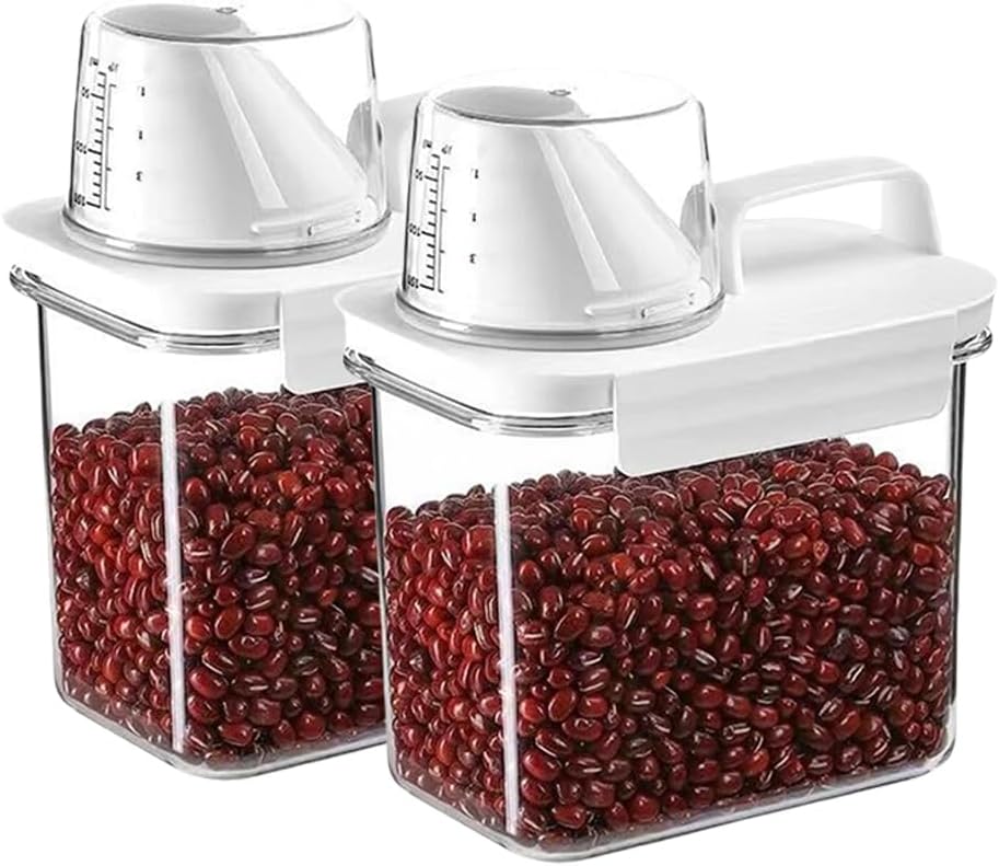 2Pcs Rice Dispenser Storage Containers, 1.1L Small Rice Bucket with Measuring Cup & Pour Spout, Kitchen Plastic Airtight Container for Cereal, Grain, Flour, Sugar, Oatmeal, Dry Pet Dog Food
