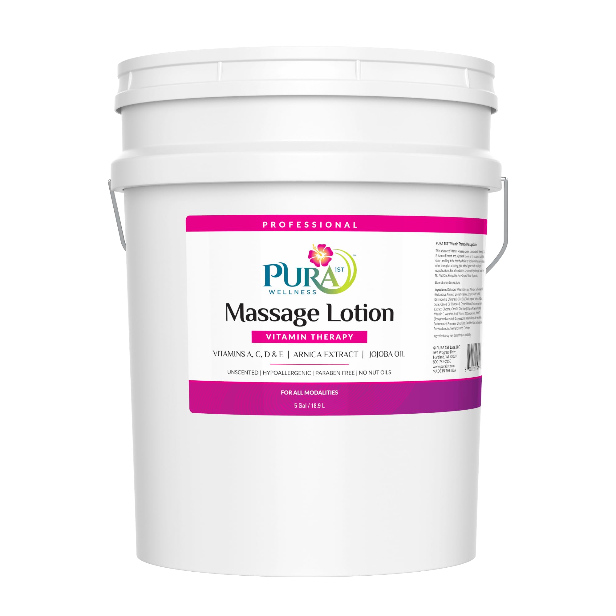 PURA 1ST Professional Vitamin Therapy Massage Lotion, Arnica & Jojoba Extract, Unscented, Hypoallergenic, Natural, Skin Moisturizing, Skin Hydrating, Deep Tissue, Wellness, Physical Therapy, 5 Gallon
