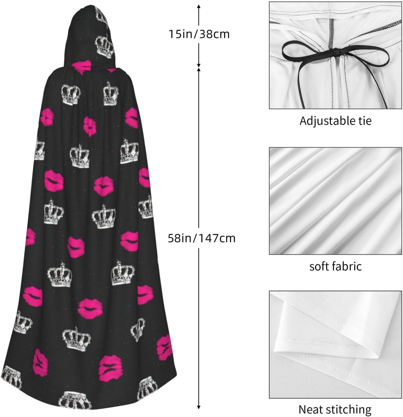 SSIMOO Crown and Lips Enchanting Adult Hooded Cape for Halloween and Party Costumes-Fashionable Women's Robes,Capes