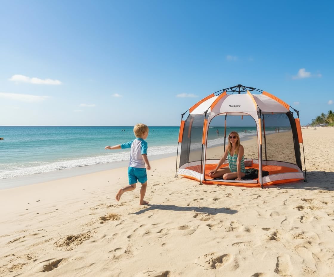 Beach Pop Up Tent & Sun Shelter - 5 Sec Setup | Adjustable Sunshade, Nano Water/Mosquito Proof UPF 50+ | for Camping, Picnic, Sports, Concert Set w/Storage