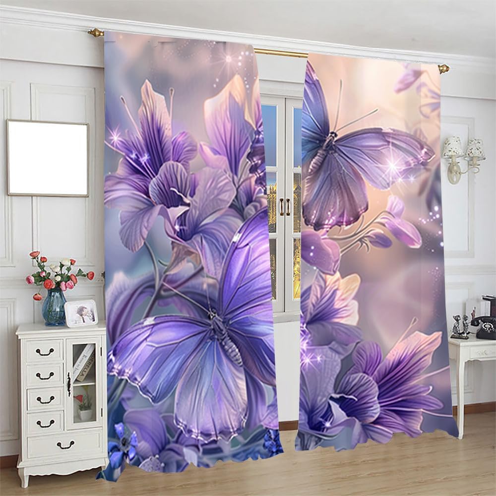 Brebasf Purple Floral Butterflies Blackout Curtain Watercolor Rustic Spring Purple Flowers Fly Butterfly Rod Pocket Window Thermal Insulating Drapes Decor for Bedroom Curtains 2 Panels 63" L x 21" W