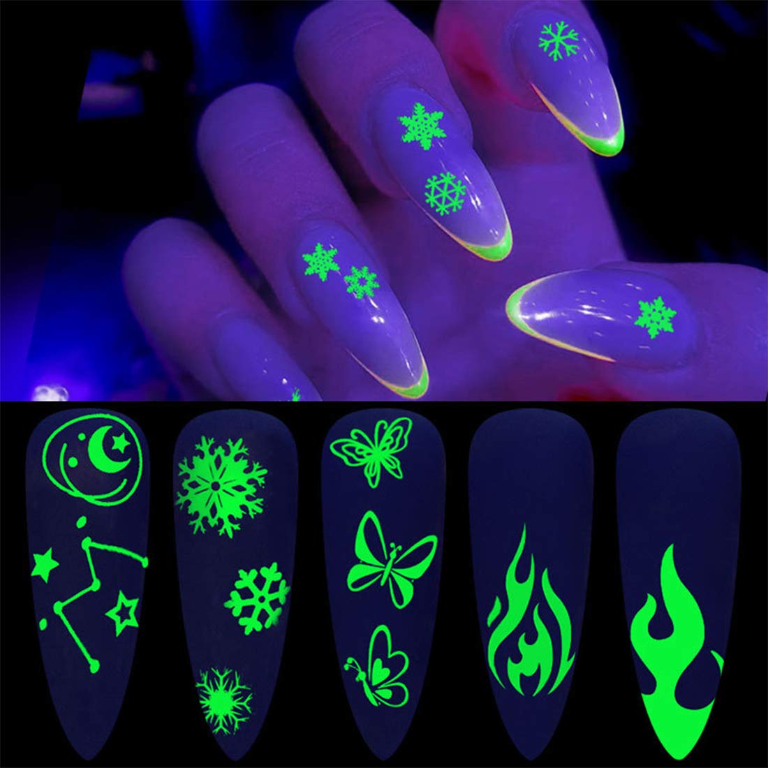 Luminous Christmas Helloween 3D Nail Art Stickers Decals Fluorescent Glow in Dark Nail Art Design Butterfly Star Moon Flame Snowflake Nail Art Decoration DIY Manicure Tips, 8 Sheets, HJ-ND109