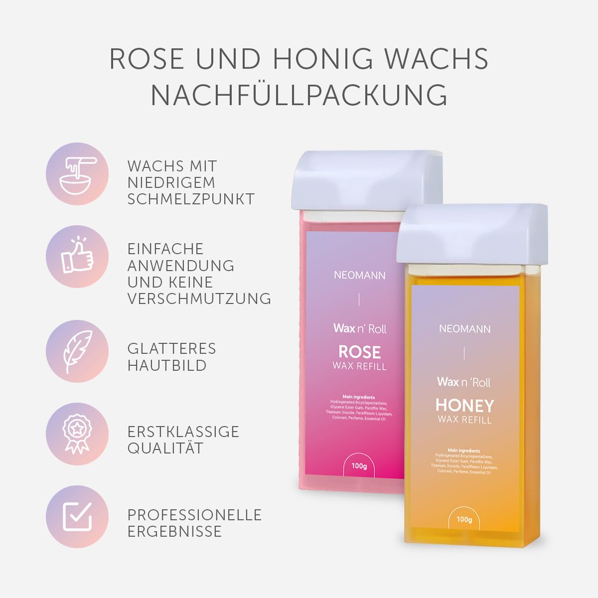 Roll on Wachs Roller Kit für Haarentfernung mit 2 Patronen | 50 Stück Wachsstreifen für Haarentfernung-Pink mit 6 Nachwachsbehandlungen