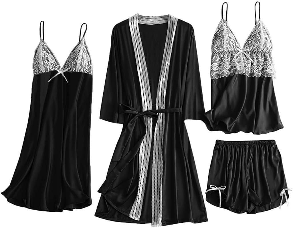 Women's Satin Pajamas 4 Pcs Cami + Shorts + Nightgown + Sleep Dress Set Silk Silky Lace Nightwear Sexy Sleepwear at  Women’s Clothing store