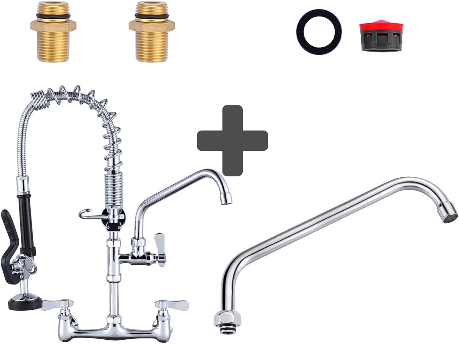 21" Commercial Kitchen Faucet Wall Mount with Pre-Rinse Sprayer 8 Inch Center Wall Mount Kitchen Sink Faucet with 9.6" Spout & Commercial Faucet Swivel Spout Replacement: 12“ Add-on Spout