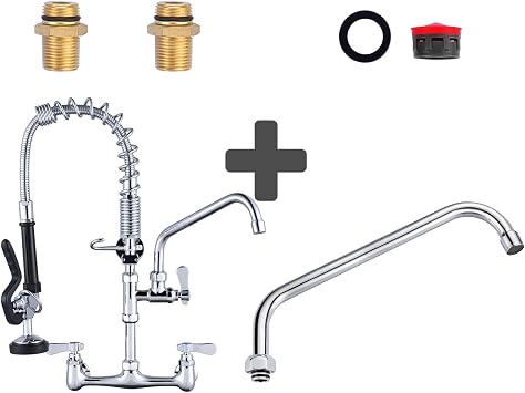 21" Commercial Kitchen Faucet Wall Mount with Pre-Rinse Sprayer 8 Inch Center Wall Mount Kitchen Sink Faucet with 9.6" Spout & Commercial Faucet Swivel Spout Replacement 12 Add-on Spout