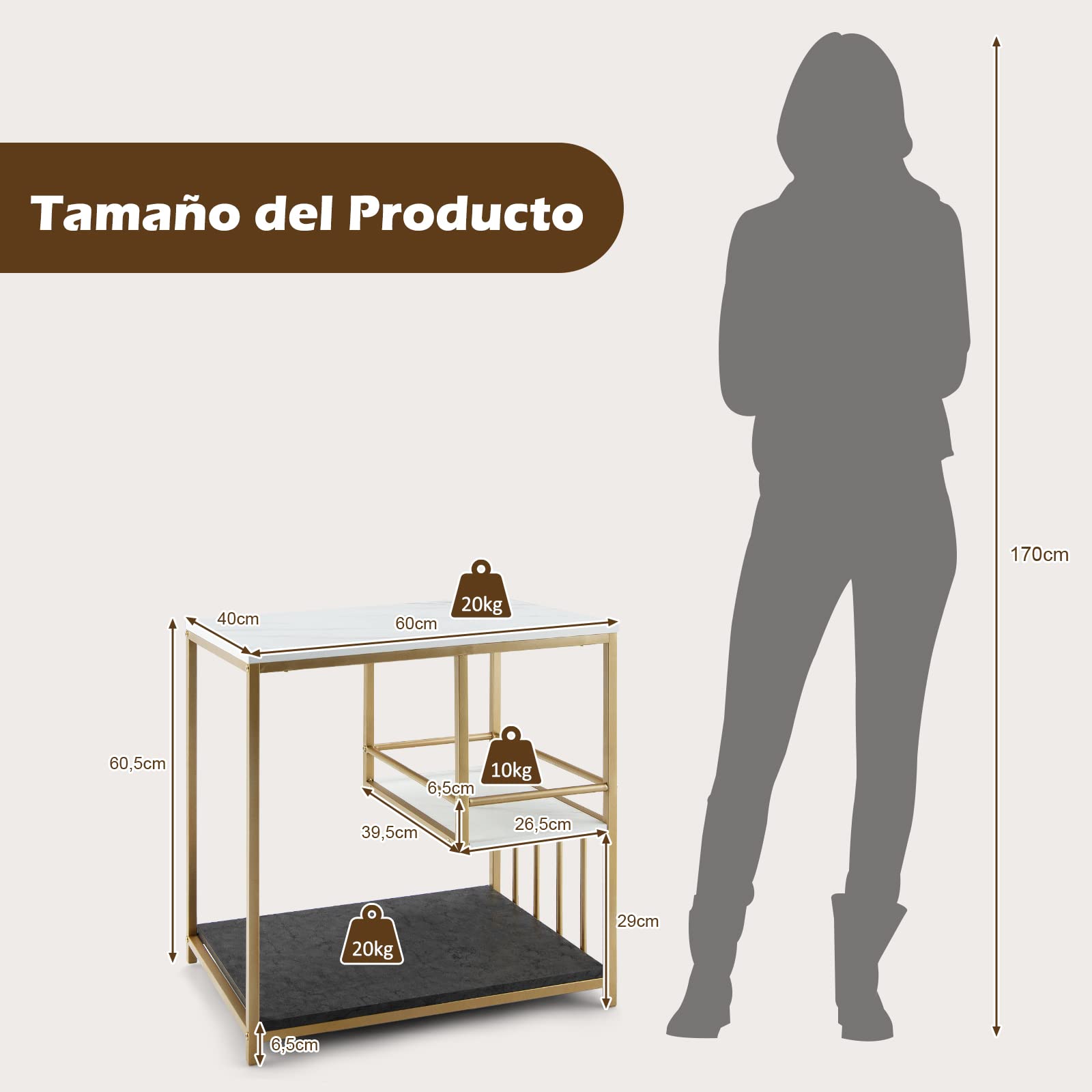 COSTWAY Mesa Auxiliar Blanca, Mesa con 3 Niveles y Estructura en Acero Pintada Dorada, Mesita Moderna para Salón Dormitorio, Fácil de Montar, Mármol y Oro 60 x 40 x 60,5 cm