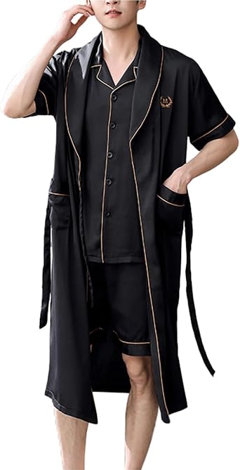 Mens imitation silk Pajamas Set,3-Piece Plus Size Satin Nightgown Short Sleeved Shorts Pjs