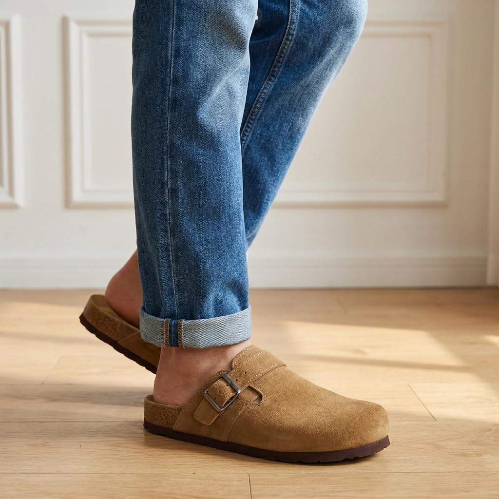 CUSHIONAIRE Hugo Genuine Leather Suede Clogs for Men – Comfortable Slip On Shoes with Adjustable Buckle, Closed Toe Mens Slides - Image 2