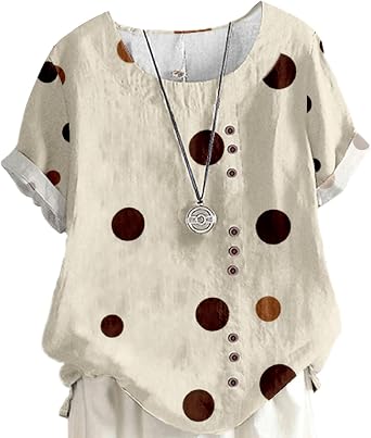 Cotton Linen Shirts for Women Short Sleeve Crewneck Button Blouse Casual Loose Fit Tunic Tops for Summer