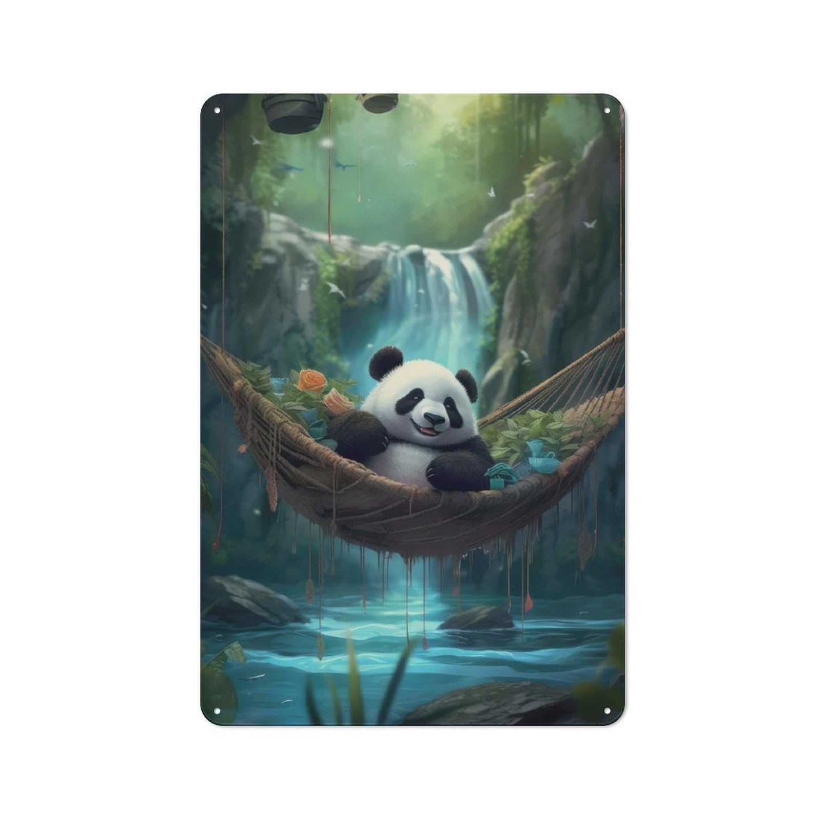 Junmoney Panda In Hammock Waterfall Tin Sign 30X20cm For Garage Wall, Retro-Style Wall Decor, For Vintage Wall Decor Fans, For Metal Sign Collectors