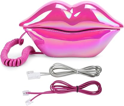 Retro Lip Shape Landline Phone Corded Desk Telephone Red | ABS novelty decor phone, vintage accessory, dialing handset, hotel bedside table centerpiece, i