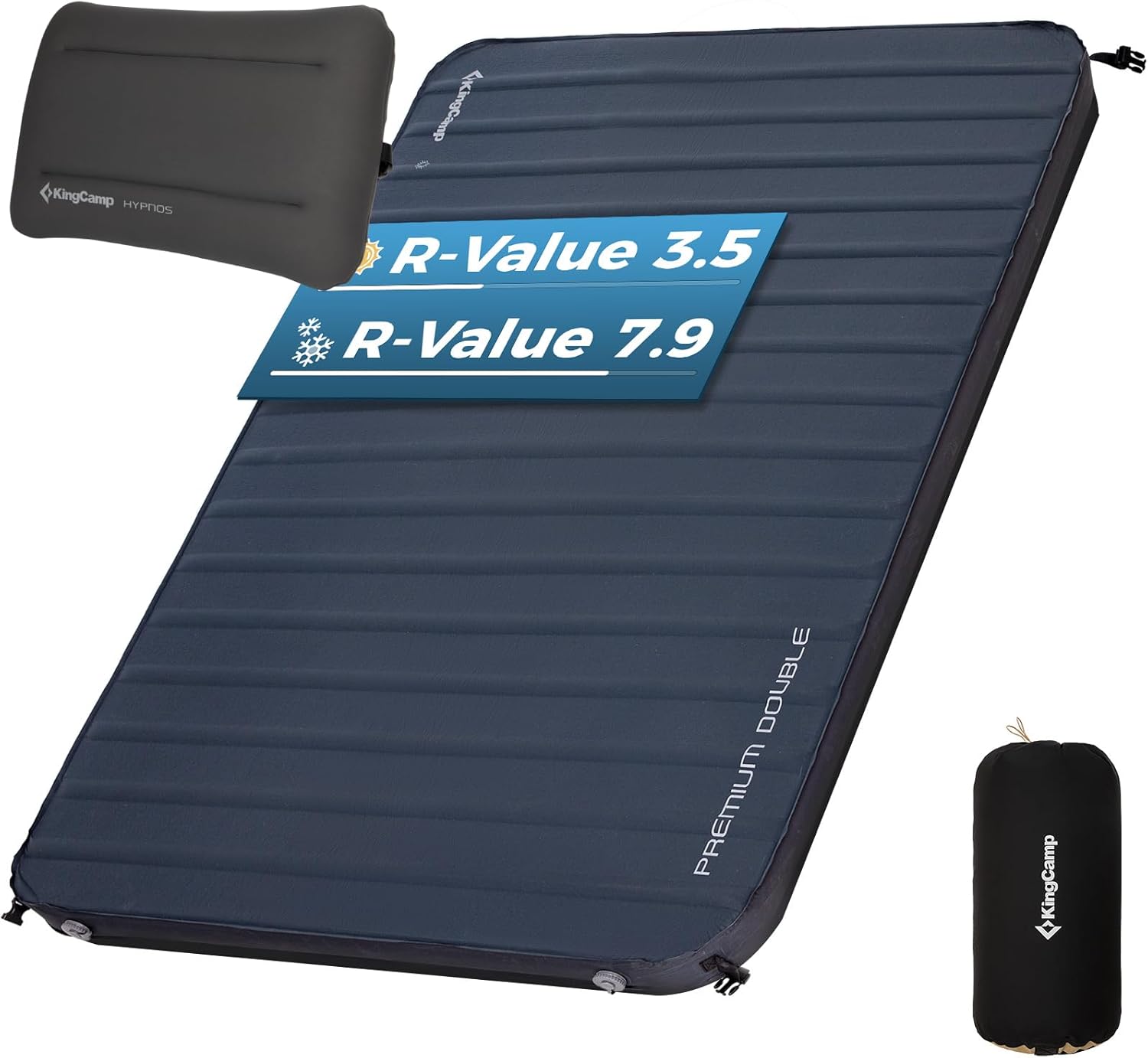 KingCamp Self Inflating Sleeping Pad with Pillow, R 7.1/7.9 Dual Sided Air & Foam Camping Mattress 2 Person for All Seasons, 3" Thick Full Size Double Sleeping Pad for Camp Tent Outdoor Car, PVC Free