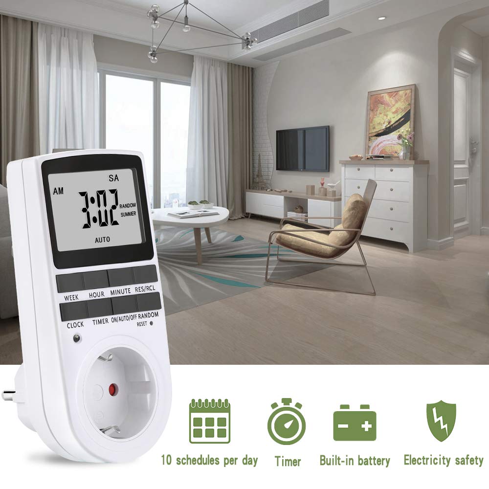 Zeitschaltuhr Steckdose, LCD Zeitschaltuhr Digitale Elektronische Steckdose mit 10 konfigurierbaren Schaltprogramme und Anti-Theft-Modus, Timer Steckdose, Timer Schalter, für Beleuchtung, Lüfter usw.