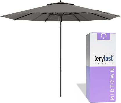 Midtown Umbrellas Push & Pop 8 Ft Patio Umbrellas with Push & Pop Mechanism, 8 Fiberglass Ribs & Terylast Polyester Fabric For Deck, Pool, Cafes and Hotels Charcoal Canopy, Black Pole
