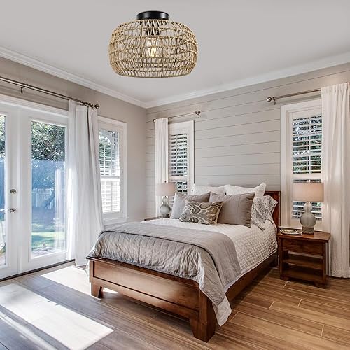 Miniatura 4 de T&A TALENT AND ART Lámpara de techo semiempotrada, hecha a mano de ratán tejida a mano, lámpara de techo con pantalla de tambor, lámpara bohemia